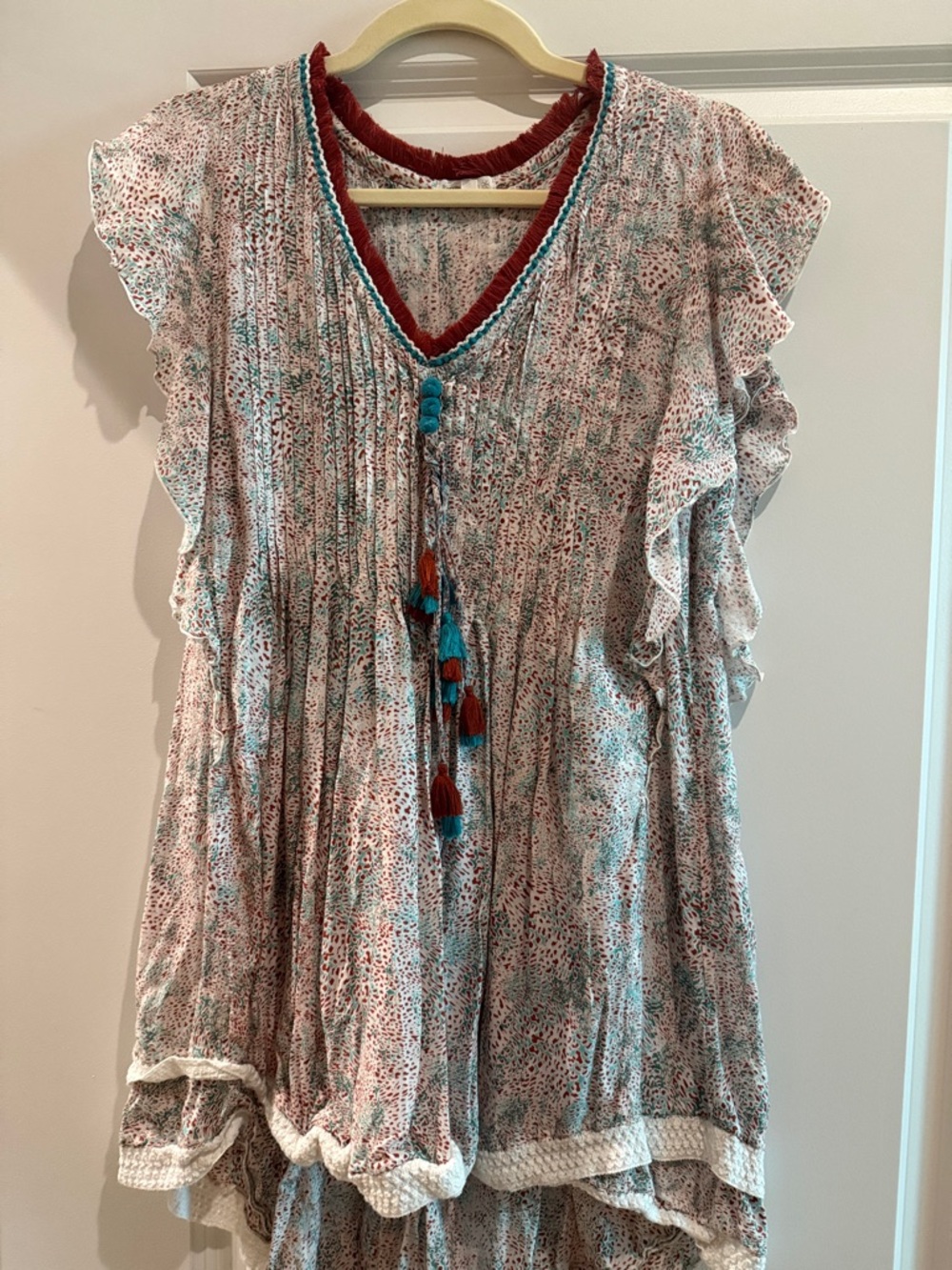 Poupette St. Barth Teal & Rust Tassel Pintuck Flutter-Sleeve dress